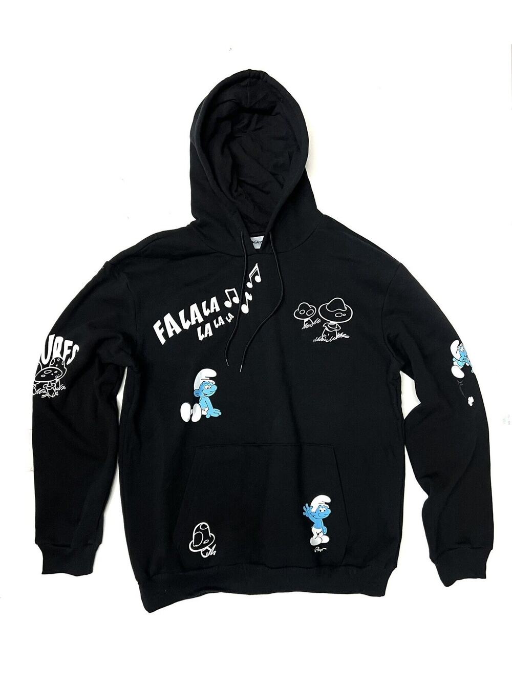 The Smurfs Hoodie Size L Sweatshirt Fa-la-la-la Mushroom Notes Pullover Unisex